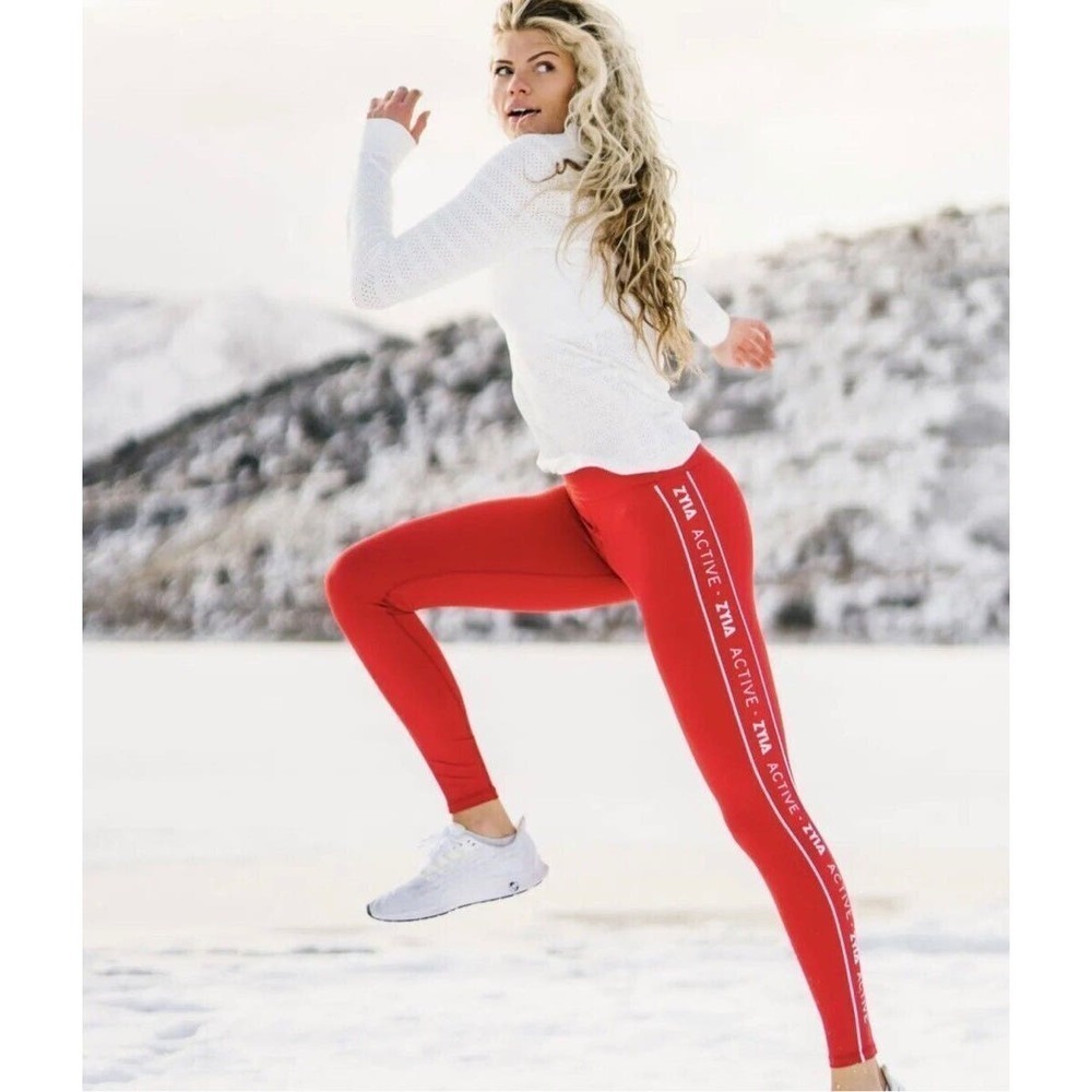 ZYIA Light N Tight Red Logo Text Leggings EUC Size 6-8